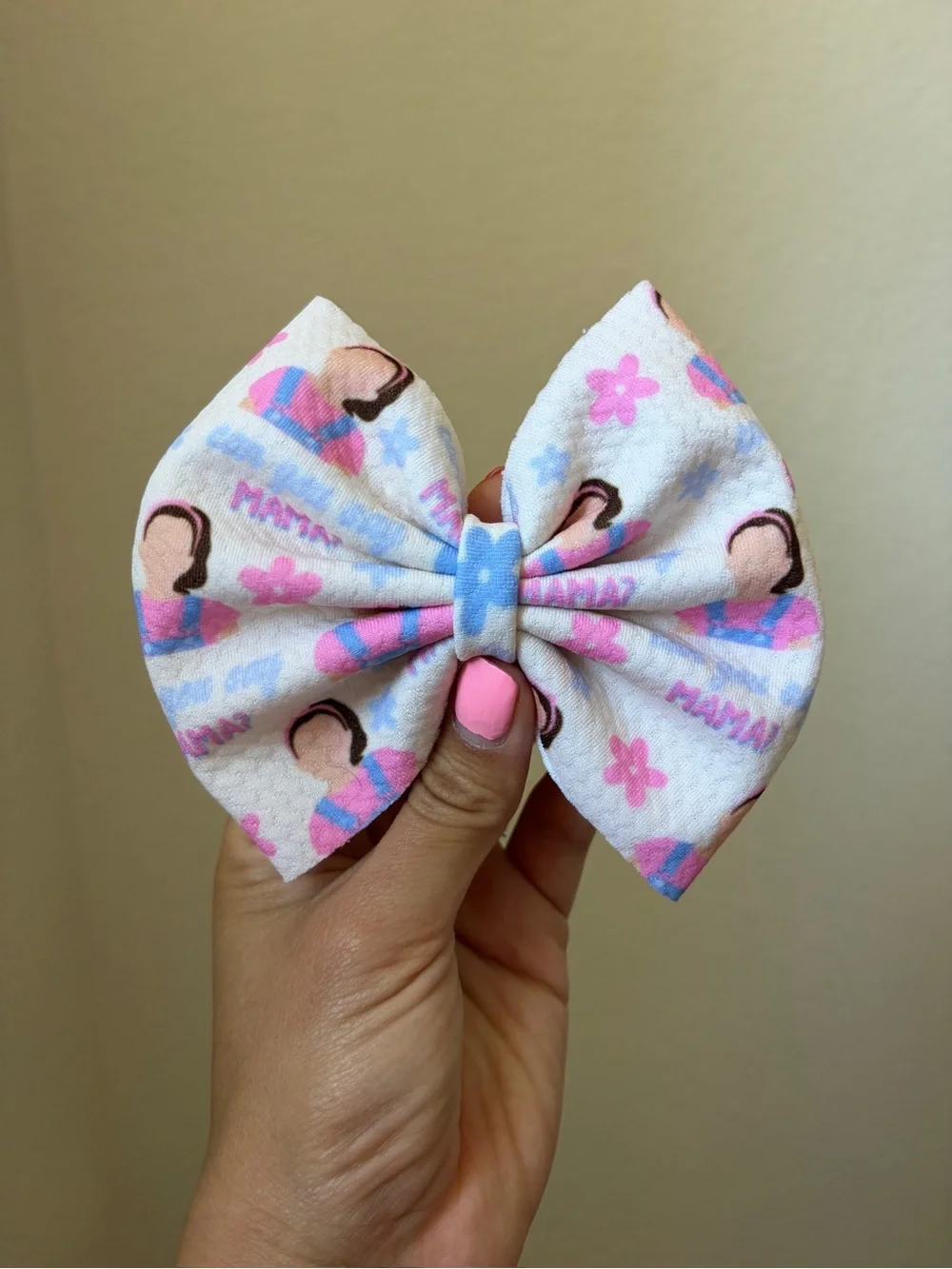 Handmade Pink & Blue Floral Mama Bow Hair Clip handmade 5 inch